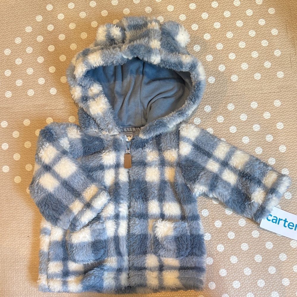 Carter's Fuzzy Plaid Hooded Jacket in Blue and Cream